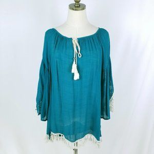 Ali Miles Blouse Womens Size M Teal Peasant Sheer Top Keyhole Neck Tassels